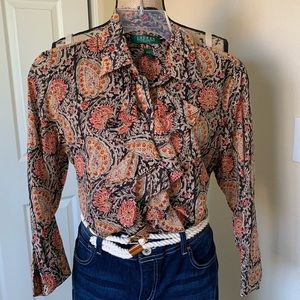 Lauren RL  Print ruffled front blouse.